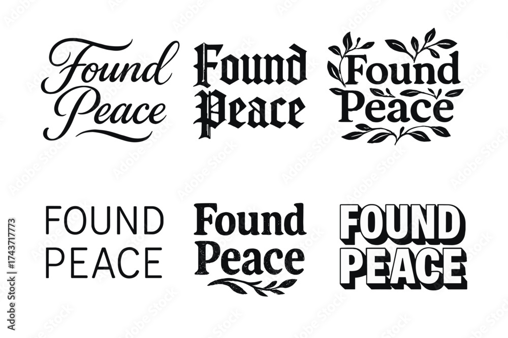Fototapeta premium Harmonious Lettering Variations. Found Peace. Set lettering. harmonious lettering variations of the same emblematic concept, each with different artistic