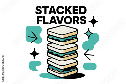 Glowing Sandwich Art. Stacked Flavors. Small glowing sandwiches layered with visible fillings, abstract floating arrows and spark icons showing variety. Modern
