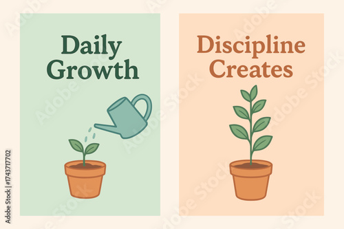 Daily Growth Banners. Growth. Two vertical A6 banners with safe margins, centered composition, no elements touching edges, pastel style, mint and peach, small