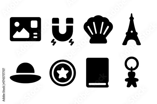 Souvenirs Icon Set. Souvenirs. Filled icon set of Souvenirs: postcard, magnet, seashell, miniature tower, hat,