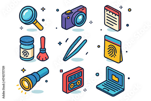 Colorful Sleuthing Icons. Sleuthing Tools. Colorful isometric vector icons set of sleuthing tools: magnifying glass, camera, notebook, fingerprint powder,