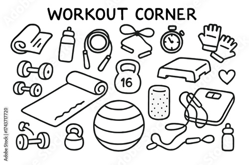 Workout Corner Essentials. Workout corner. Hand-drawn doodle illustration workout corner yoga mat, dumbbell, kettlebell, resistance bands, jump rope, foam
