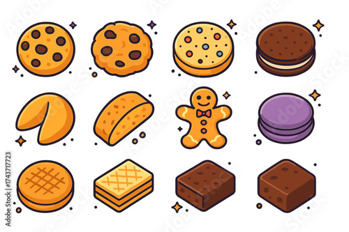 Colorful Cookie Icons. Cookies. Colorful isometric vector icons set of Cookies: chocolate chip cookie, oatmeal raisin cookie, sugar cookie, sandwich cookie,