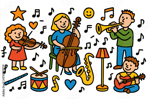 Home Orchestra Doodle. Orchestra at Home. Colorful Hand-drawn doodle Children illustration family, violin, cello, trumpet, drum, guitar, flute, saxophone,