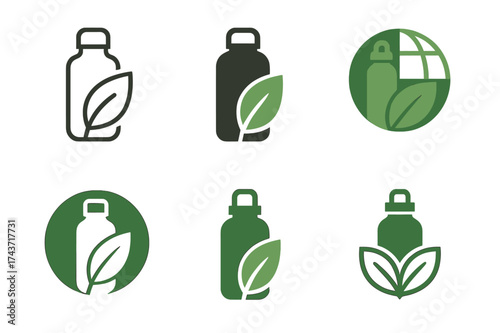 Eco-Friendly Logo Variations. Sustainable living and eco-friendly products. Set Logo of Sustainable living and eco-friendly products: Reusable water bottle.