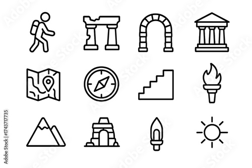 Ancient City Icons. Ancient city exploration. Line icon set of ancient city exploration: traveler with backpack, ruins, stone arch, temple, map, compass,
