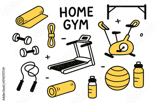 Colorful Home Gym Essentials. Home Gym. Hand-drawn doodle illustration yoga mat (colored), dumbbells, resistance bands (colored), treadmill, stationary bike