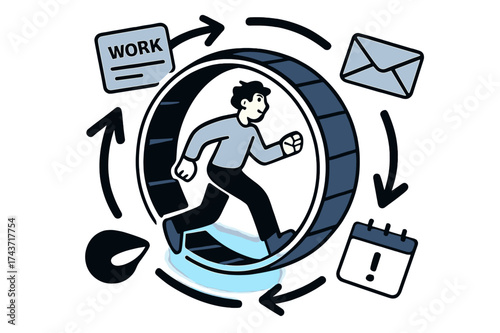 Hamster Wheel Burnout. Burnout cycle. Person walking on glowing hamster wheel with repeating icons of work, emails, and deadlines floating around. Abstract