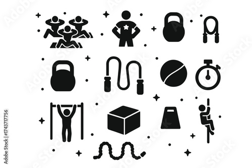 Group Fitness Icons. Group Workouts. Solid icons set of Group Workouts: People Exercising, Trainer, Dumbbell, Kettlebell, Jump Rope, Medicine Ball, Pull-Up