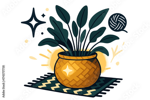 Cozy Plant Basket. Natural warmth. Glowing woven basket filled with plants sitting next to patterned rug. Floating sparkle and fiber icons symbolizing comfort
