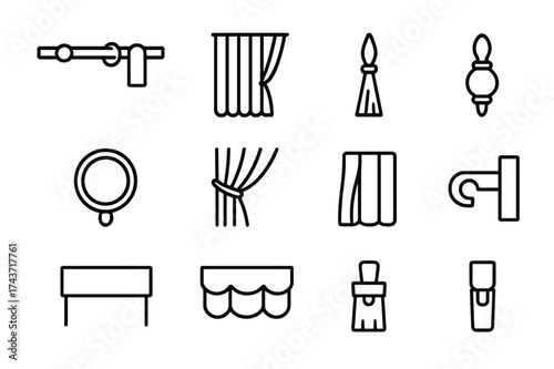 Window Decor Icons. Window decor elements. Line icon set of Window decor elements: curtain rod, drape panel, tieback, finial, curtain ring, tassel, folds, rod