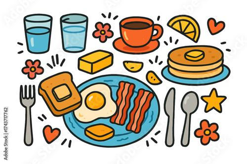 Colorful Breakfast Doodles. Breakfast Plating. Colorful Hand-drawn doodle Children illustration egg, toast, bacon, pancake, plate, fork, knife, spoon, fruit