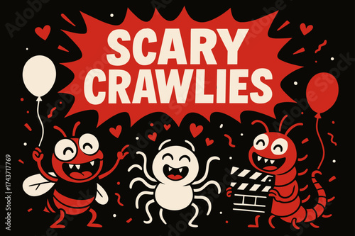 Scary Crawlies Fun. Scary Crawlies banner, flat vector illustration, bold oversized text inside comic burst, cartoon characters standing and laughing, holding