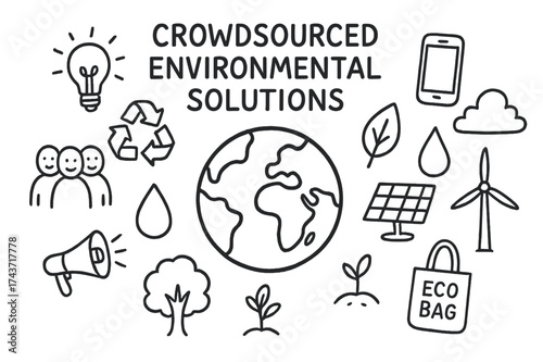 Environmental Innovation Icons. Crowdsourced Environmental Solutions. Hand-drawn doodle illustration Crowdsourced Environmental Solutions globe, group of