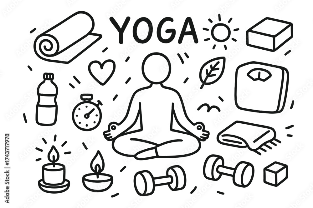 Fototapeta premium Yoga Doodle Icons. Yoga. Hand-drawn doodle illustration yoga mat, lotus pose, candle, sun, cloud, leaf, heart, water bottle, stopwatch, dumbbell, towel, book,