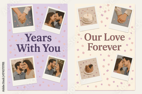 Anniversary Celebration Banners. Anniversary. Two vertical A6 banners, pastel, lavender and cream backgrounds, scattered polaroids and confetti with a small
