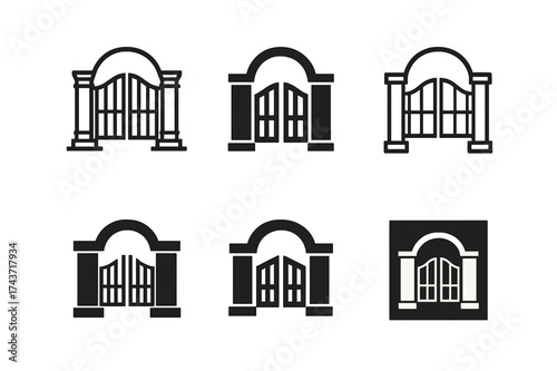 Estate Logo Variations. Estate. Set Logo of Estate: gated entrance. harmonious logo variations of the same emblematic concept, each with different artistic