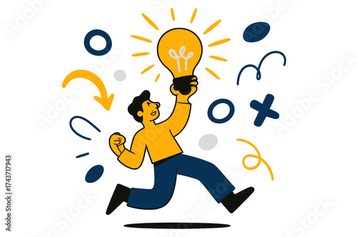 Illuminated Idea Spark. Flash of brilliance. A person lifting a glowing lightbulb above their head, sparks radiating outward in energetic motion. Floating