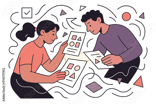 Vibrant Proof Examination. Reviewing prints. Glowing sheets of printed proofs held by hands, abstract floating lines and geometric shapes emphasizing careful