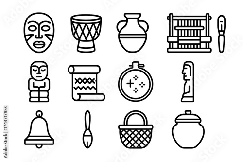 Cultural Heritage Icons. Cultural heritage. Line outline icon set of cultural heritage: traditional mask, drum
