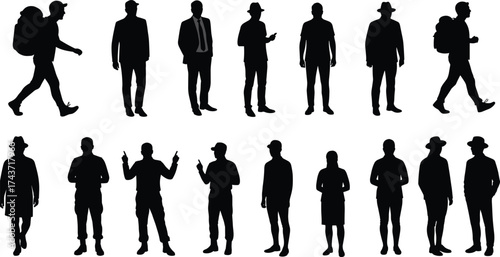 Silhouettes of sixteen people in various outfits and poses, black vector design showing diversity in posture, profession, attire, and human style
