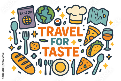 Travel Tastes Illustrated. Travel for Taste. Hand-drawn doodle illustration of Travel for Taste. Passport,