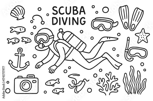 Scuba Diving Doodles. Scuba Diving. Hand-drawn doodle illustration scuba diving diver, scuba tank, mask, fins, snorkel, coral, fish, starfish, seashell,