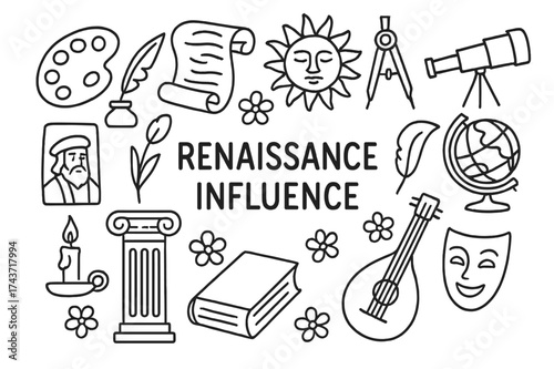 Renaissance Icons Doodle. The influence of the Renaissance on art, science, and culture. Hand-drawn doodle illustration renaissance influence painter?s