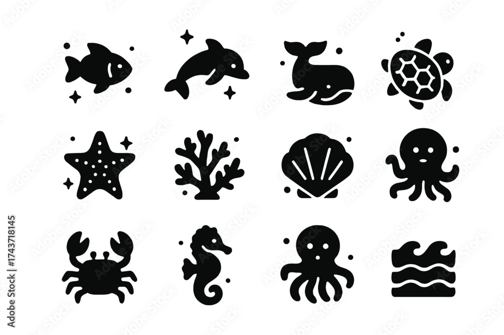 Naklejka premium Ocean Life Icons. Ocean life. Solid icons set of Ocean life: fish, dolphin, whale, turtle, starfish, coral, seashell, jellyfish, crab, seahorse, octopus,