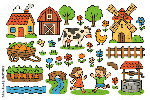 Whimsical Village Scene. Village. Colorful Hand-drawn doodle Children illustration Cottage, farm house, barn, windmill, cow, chicken, vegetable garden, cart,