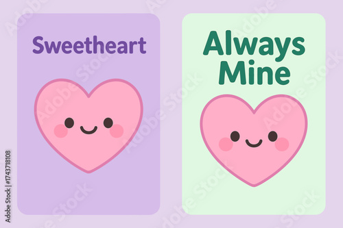 Kawaii Love Banners. Love. Two vertical A6 banners with safe margins, centered composition, no elements touching edges, kawaii style, lavender and mint,