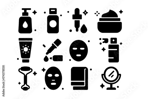 Beauty Products Icons. Beauty regimen. Solid icons set of Beauty regimen: cleanser bottle, toner bottle, serum dropper, moisturizer jar, sunscreen tube, eye