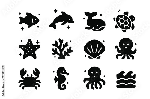 Ocean Life Icons. Ocean life. Solid icons set of Ocean life: fish, dolphin, whale, turtle, starfish, coral, seashell, jellyfish, crab, seahorse, octopus,