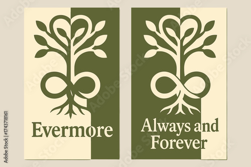 Evermore Tree Banners. Evermore. Two vertical A6 banners, geometric, olive green and cream backgrounds, stylized infinity tree with intertwined branches