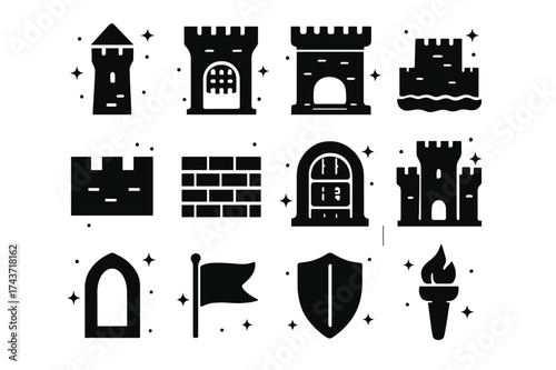 Medieval Icon Set. Medieval architecture. Solid icons set of Medieval architecture: tower, gate, drawbridge, moat, battlements, wall, dungeon door, castle