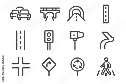 Highway Traffic Icons. Highway traffic. Line icon set of Highway traffic: traffic jam, overpass bridge, tunnel, lane divider, toll booth, traffic camera, road