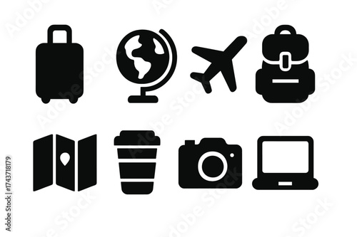 Nomadic Icons Collection. Nomadic lifestyle. Filled icon set of Nomadic lifestyle: suitcase, globe, airplane,