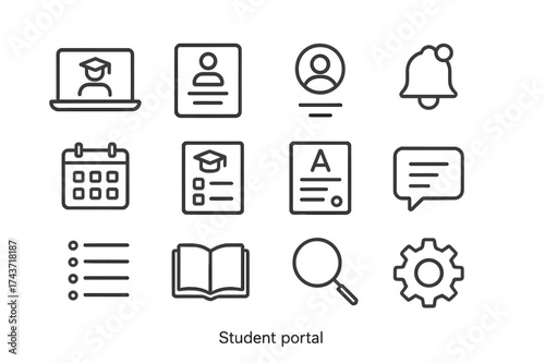 Student Portal Icons. Student portals. Line icon set of Student portals: laptop, login screen, profile icon, notification bell, calendar, assignment sheet,