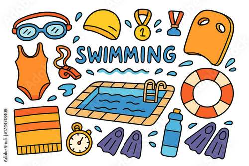 Swimming Gear Doodles. Swimming. Colorful Hand-drawn doodle Children illustration swimming goggles, swim cap, swimsuit, towel, whistle, water bottle,