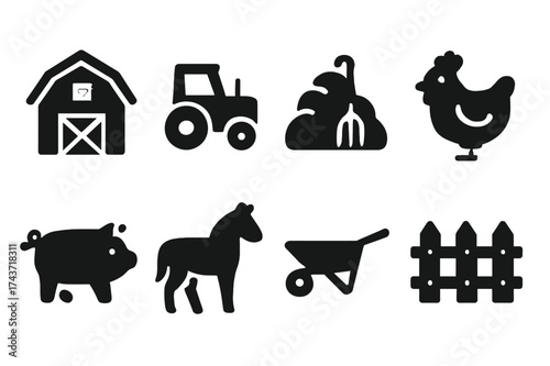 Barnyard Icon Set. Barnyard. Filled icon set of Barnyard: barn, tractor, haystack, chicken, pig, horse,