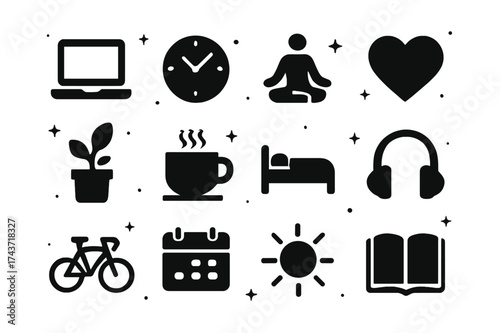 Work-Life Balance Icons. Work-Life Balance. Solid icons set of laptop, clock, yoga pose, heart, plant pot, coffee cup, bed, headphones, bicycle, calendar, sun,