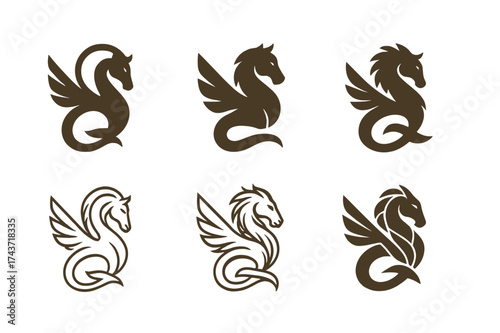 Fantasy Realm Emblems. Fictional world. Set Logo of Fantasy realm: mythical creature. harmonious logo variations of the same emblematic concept, each with