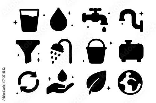 Clean Water Icons. Clean water. Solid icons set of Clean water: glass of water, drop, faucet, pipe, filter, showerhead, bucket, tank, recycling arrows, hand