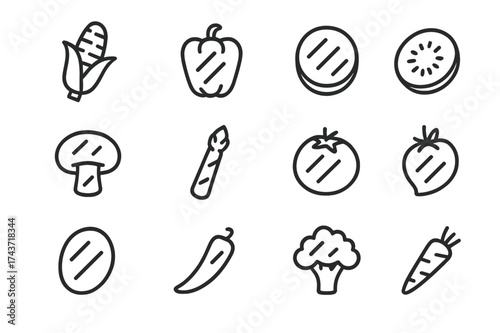 Grilled Vegetables Icons. Grilled vegetables. Line icon set of Grilled vegetables: corn on cob, bell pepper, zucchini slice, eggplant slice,