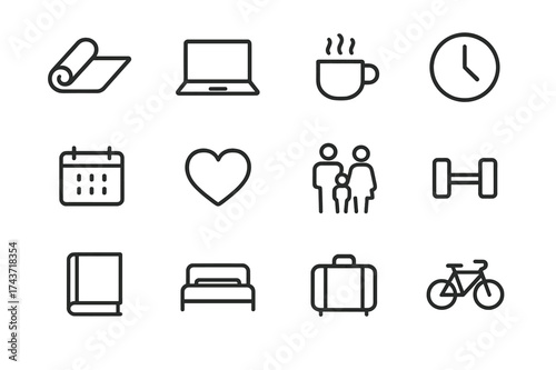 Work-Life Balance Icons. Work-life balance. Line outline icon set of work-life balance: yoga mat, laptop,