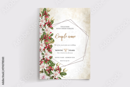 WEDDING INVITATION FRAME WITH FLOWER DECORATIONS AND FRESH LEAVES
