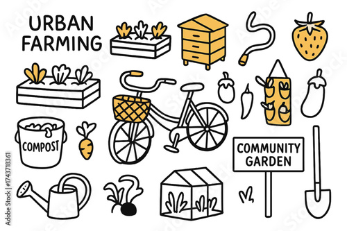 Urban Rooftop Gardening. Urban farming. Hand-drawn doodle illustration urban farming rooftop garden (accented), raised beds, watering hose, bee box (accented),