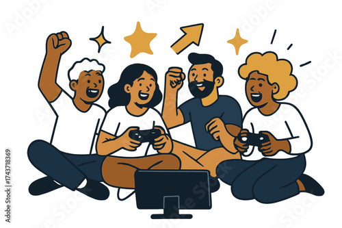 Teamwork Gaming Glow. Multiplayer fun. Friends glowing as they sit with controllers cheering at shared screen. Floating icons of star, arrow, and sparkle