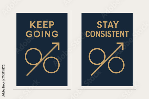Motivational Banners. Focus. Two vertical A6 banners with safe margins, centered composition, no elements touching edges, modern minimal, navy and gold,