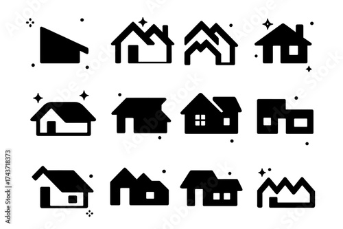 Asymmetrical Roof Icons. Asymmetrical house roofs. Solid icons set of slanted roof, single slope roof, staggered gables, curved roof, broken roofline, tiered